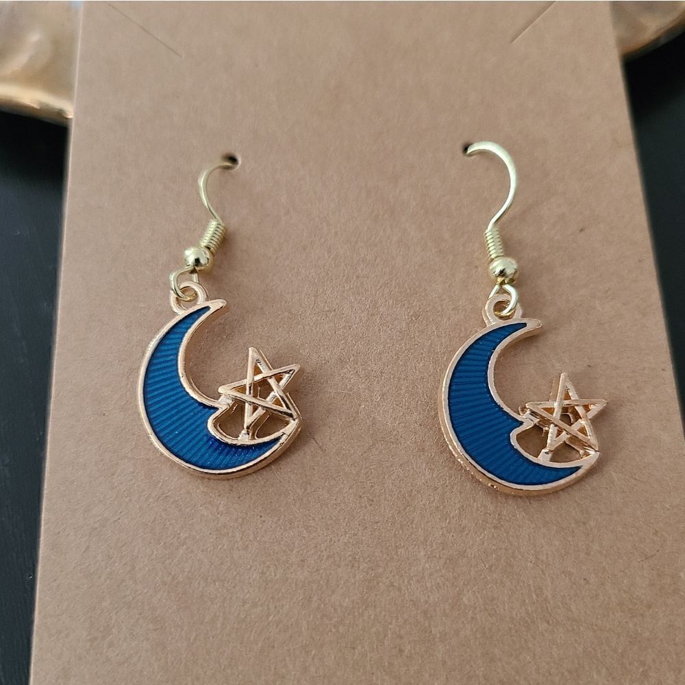 New Hand CraftedΒ Cute Blue Moon and Star Earrings 14KβGold Plated Hooks